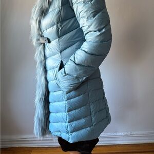 VIOLANTI GOOSE DOWN PUFFER COAT HOOD DYED SILVER FOX BLUE ITALY SIZE XS